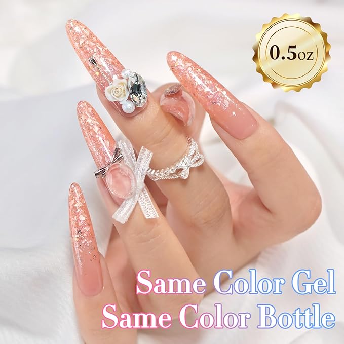 Double Rhythm 0.5Oz Glitter Gel Polish Same Color Same Bollte Shimmer Reflective Color for Nail Art Salon DIY Soak Off 15ml Nail Lamp Gel Polish at Home (Shell Peach-B1206)