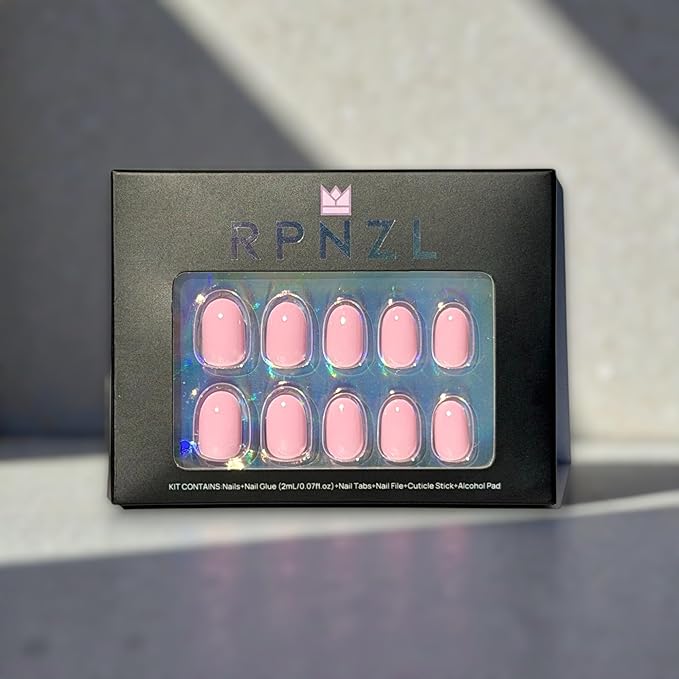 Press On Nails - Petal Pink I Solid Opaque Light Pastel Pink Short Oval Nails, Salon Quality, 32 Nails, 16 Sizes Kit with Glue and Adhesive Tabs - Female Founded