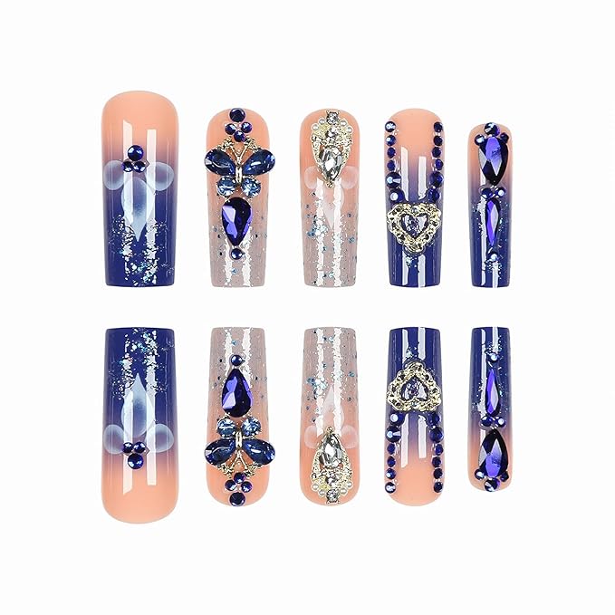 MISUD Press on Nails - Long Square Fake Nails with Royal Blue, Acrylic Bling Glitter Rhinestone Design 24 pcs