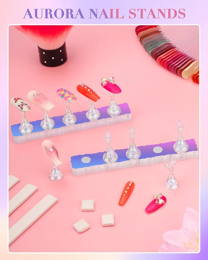 Nail Stand Acrylic Nail Art Display Stand Magnetic Nail Tips Practice Holder 54 Pcs Reusable Adhesive Putty for DIY Painting Nails Stand kit (Aurora)