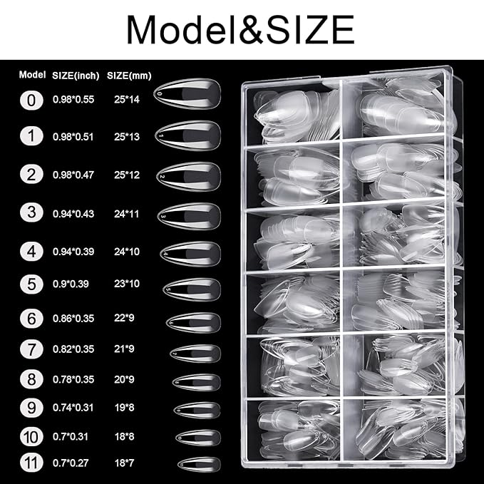 Almond Nail Tips, MORGLES 600Pcs Long-Lasting Soft Gel Nail Tips Medium Full Cover, 12 Sizes with Glue, Files and Cuticle Fork