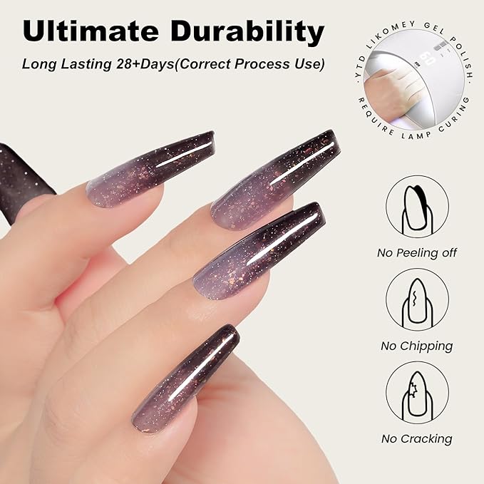 YTD Likomey Brocade Glitter Color Changing Gel Nail Polish,15ml Grayish Purple To Black Shimmer Mood Temperature Change Colors Iridescent Flakes,Fall Winter Ombre Thermal UV Gel,WB348