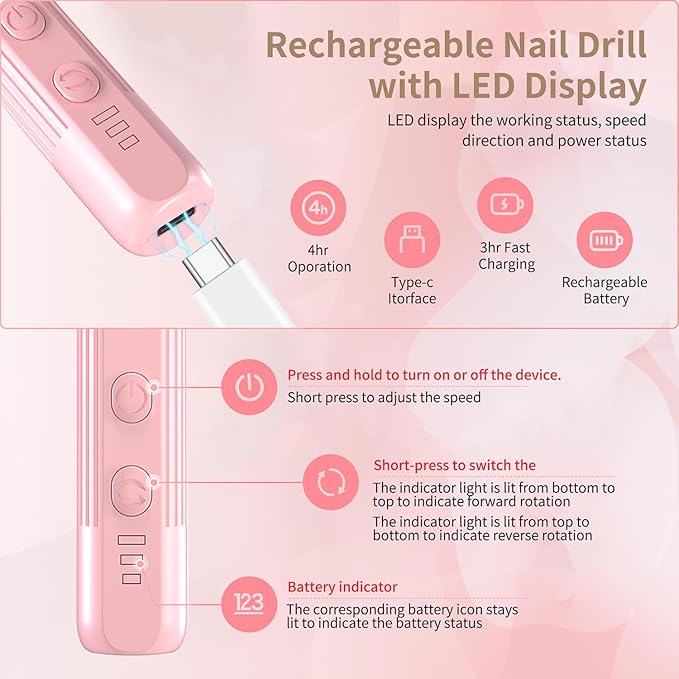 Electric Nail File Set,Professional 3 Speeds Cordless Electric Nail Drill Kit for Acrylic Gel Nails,12 in 1 Manicure and Pedicure Tools for Home Salon(Pink)