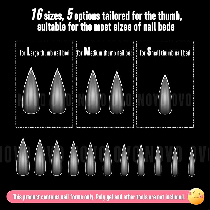NOVO OVO Long XL Sharp Stiletto Pointed Nail Tips Press on, Extra Long Soft Gel Double Matte Clear Fake Nail Extension, Full Cover False Nails for Acrylic, for Salon DIY x 16 Sizes 224 pcs