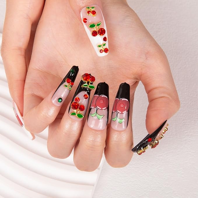 LOVFUL Press on Nails My Sweetie French Tip | Handmade with Full Covered Crystals | Reusable Full Cover Nails | Coffin Classic Regular 1.3 in | H162-L