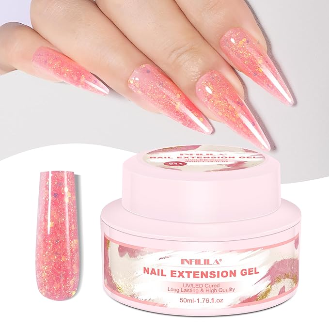 NXJ INFILILA Glitter Poly Nail Gel, Hot Pink Colors Poly Extension Gel Nail Enhancement, Thickening Glossy Builder Home DIY Salon Use for Girls UV/LED Nail Lamp Required P11