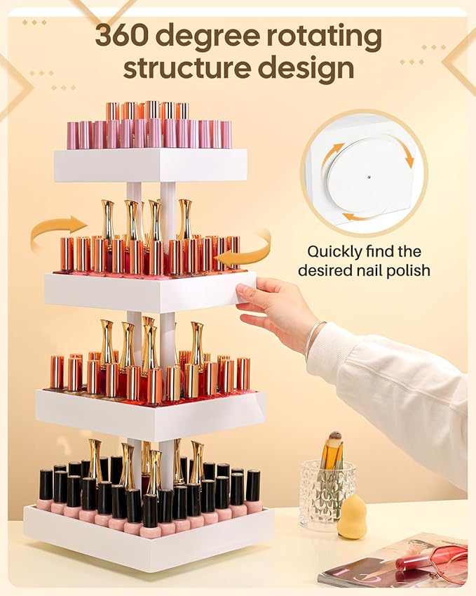 Homde Nail Polish Display Stand and Storage: 360 Degree Rotating Bamboo Rack Organizer, 4 Tier Makeup Holder for Fast Access on Countertop or Vanity for Girls & Women,White