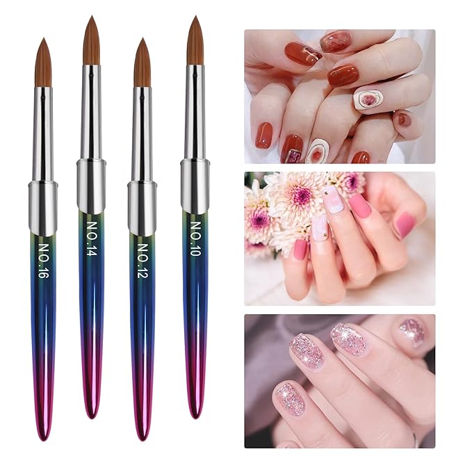 Kolinsky Professional Acrylic Brush Set - 4PCS for Nail Application, Size 10/12/14/16 Powder Brushes for Extension & 3D Carving