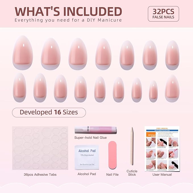 Gel Press On Nails - Short White Ombre, Almond Shape, Artificial Nails - 16 Sizes, 32pc Reusable Kit