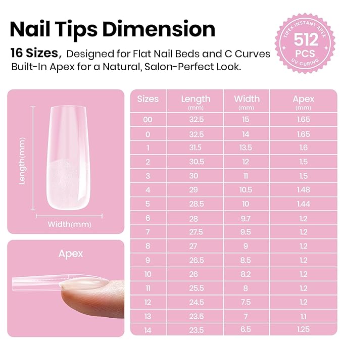 Beetles Tipex Lite Apex Nail Tips, Square Long, 512pcs 16 Sizes,Pre-Building Pre-Etched Acrylic Nail Tips for Flat Nails & Natural Nail Beds