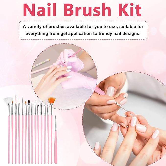 Nail Art Tools Set 15Pcs Nail Art Brushes Pink Gel Brush Gray Color Palette Polish Mixing Plate Acrylic Stands for Painting 5Pcs Double-Ended Dotting Pen Design Tools Kit for DIY Manicure
