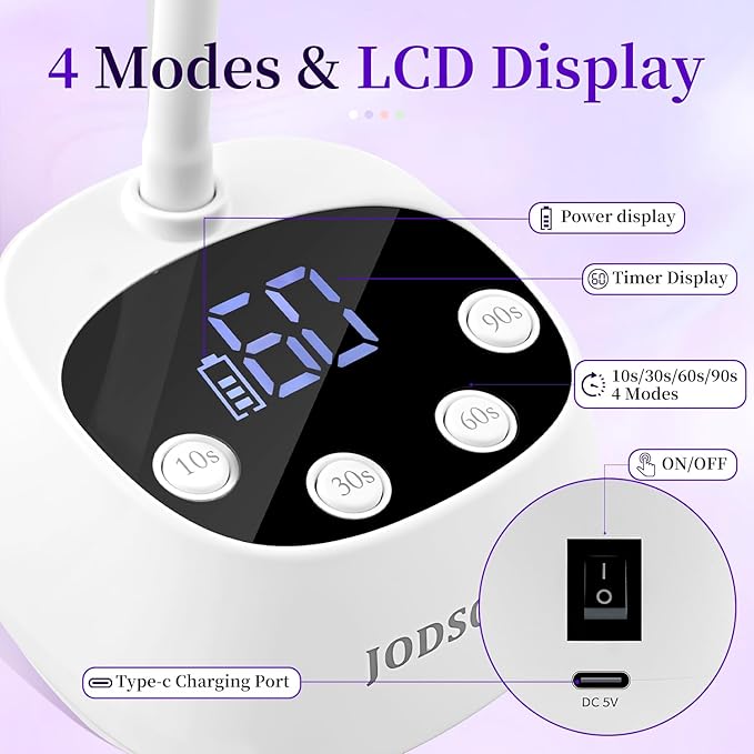 JODSONE Fast Curing U V Nail Lamp Portable and Flexible Gooseneck Lamp Rechargeable LED Dryer for Gel Polish, Auto Sensor & 4 Timers Ceramic White