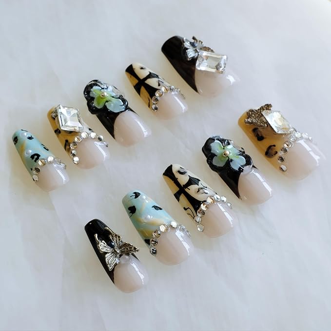 Press On Nails, Long Ballerina Style with 3D Flowers and Crystals, Black and Yellow Design, Handmade False Nail 10 Pieces (Small,LB)