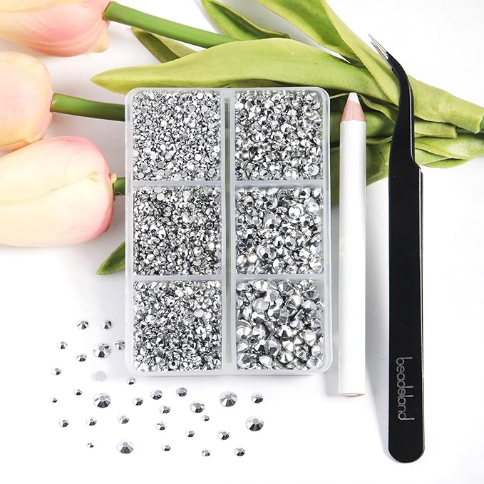 Beadsland 4300pcs Flatback Rhinestones,Silver Rhinestone Nail Gems Round Crystal Rhinestones for Crafts,Mixed 6 Sizes with Picking Tweezers and Wax Pencil Kit, SS6-SS20,Silver Hematite
