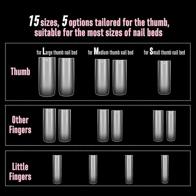 NOVO OVO Sharp Square Long Nail Tips Press on, Natural (Not Sculpted) No C Curve Soft Gel Double Matte Clear Fake Nail Extension,Full Cover False Nails for Salon DIY Manicure x 15 Sizes 360 pcs