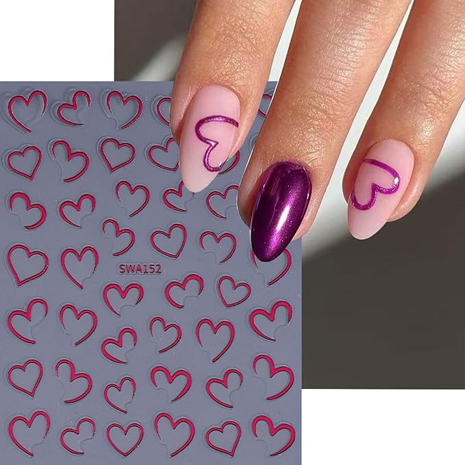 4 Sheets Valentines Nail Stickers for Nail Art 3D Self-Adhesive Gold Silvery Heart Nail Art Stickers Rose Red Holiday Nail Decals Romantic Heart Line Nail Art Supplies Design for Women Girls