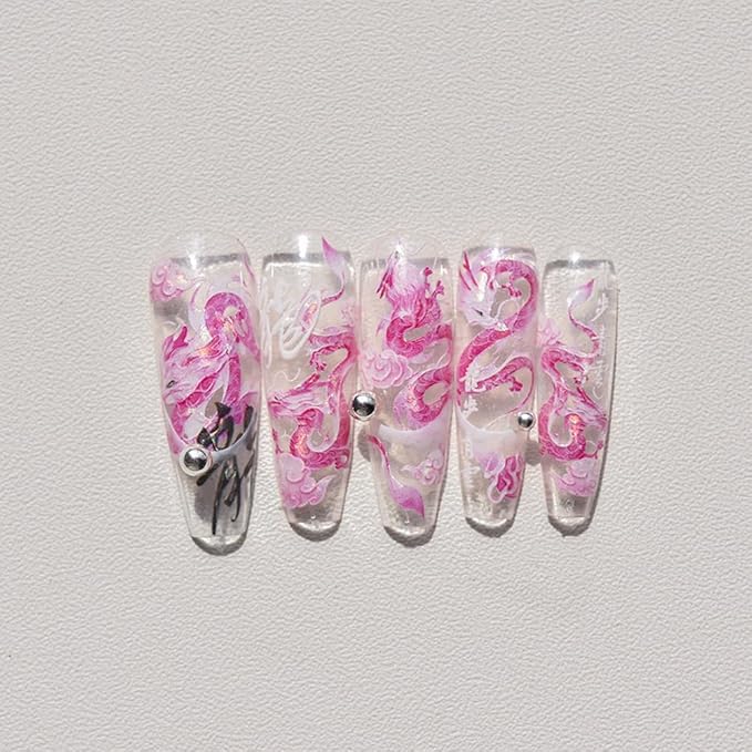 2Sheets Dragon Nail Art Stickers Blue Pink Chinese Totem Character Acrylic Nail Decals for New Year Spring Festival Cool Design Nails Supplies (A Style)