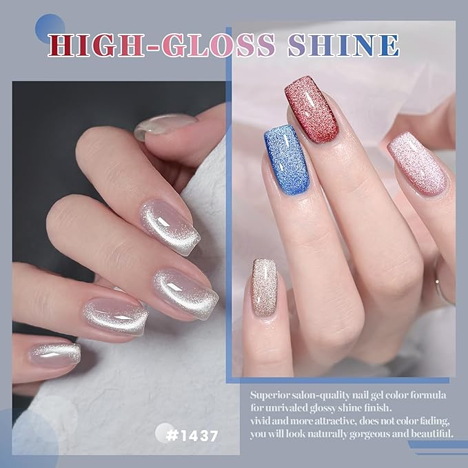 RARJSM Diamond Glitter Cat Eye Gel Polish Set 6 Pcs Sparkle Black Silver Red Blue Brown Nude Color Velvet Ice Jelly Glass Milky Way Cateye Gelpolish with Magnet Stick Curing Requires Home Manicure