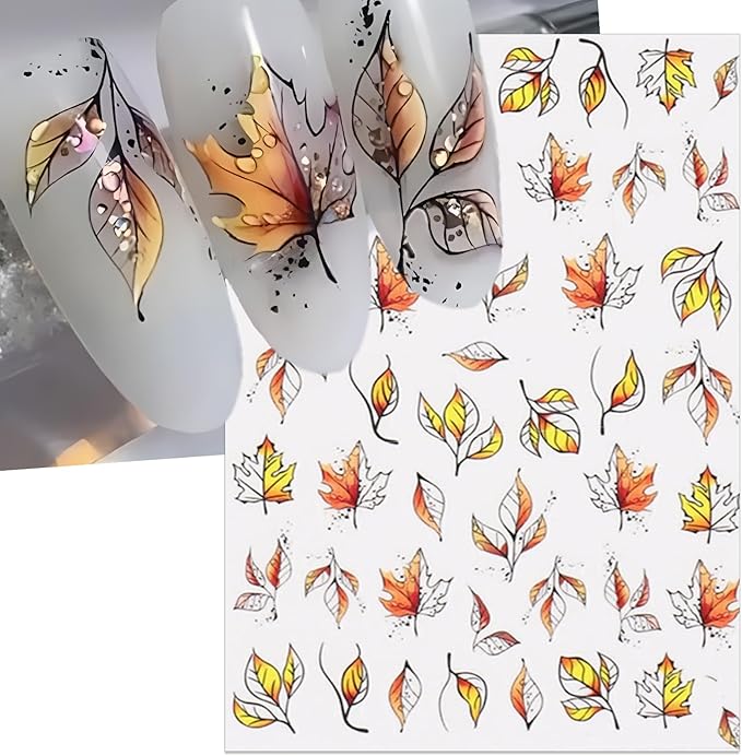Fall Nail Stickers - Autumn Withered Maple Self-Adhesive 3D Nail Decals for Women Girls DIY Thanksgiving Day Leaves Vein Manicure (4 Sheets)