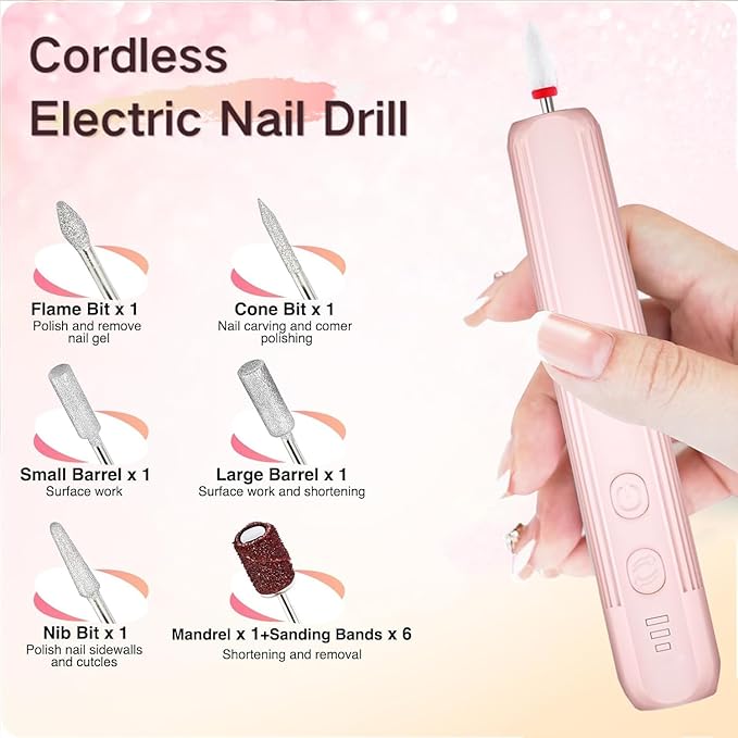 Electric Nail File Set,Professional 3 Speeds Cordless Electric Nail Drill Kit for Acrylic Gel Nails,12 in 1 Manicure and Pedicure Tools for Home Salon(Pink)
