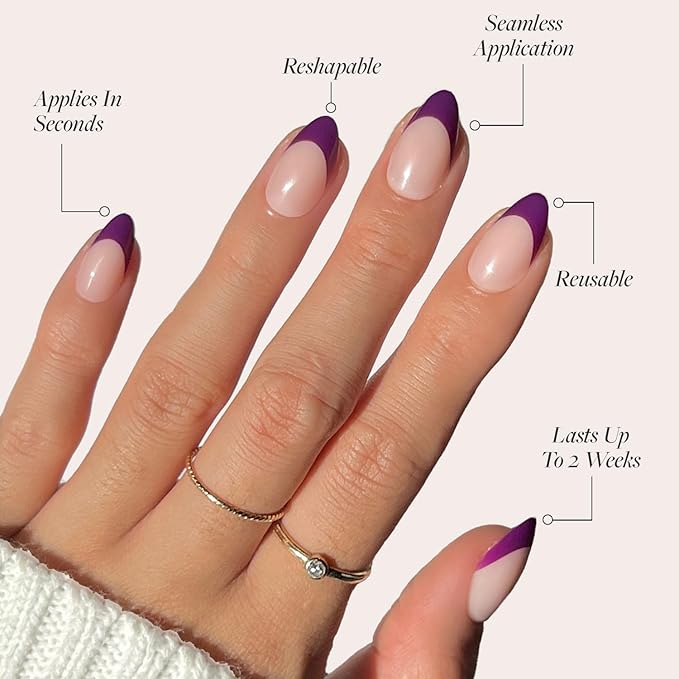 Glamnetic Press On Nails - Plum | Semi-Transparent Dark Purple French Tip Short Almond Fake Nails in a Glossy Finish, Salon Quality | 15 Sizes - 30 Nail Kit