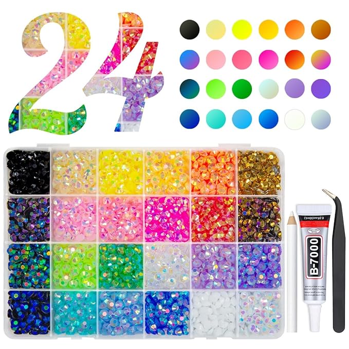 24 Color 6mm Jelly Resin Rhinestones w B7000 Jewelry Glue for Bedazzling Flatback Stones Colorful Resin Non-Hotfix AB Gems Diamonds Bulk for Nails Eyes Face Makeup Crafting Tumblers DIY Crafts