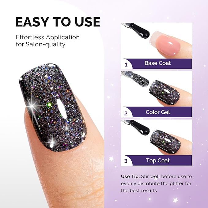 MelodySusie Galaliver Black Glitter Gel Nail Polish, 15ML Sparkly Shimmer Black Gel Polish Soak Off UV LED Cured Long Lasting Gift for Women DIY Nail Design Nail Art Manicure X10