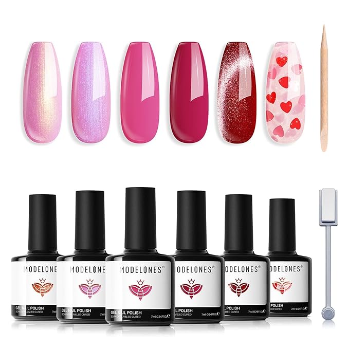 modelones Gel Nail Polish Set, 6 Colors 2026 Eater Spring Pitaya Hot Pink Red Cat Eye Gel Polish Mermaid Pink Red Love-heart Glitter Nail Polish with Magnet & Wooden Pen Soak Off LED Manicure Gift