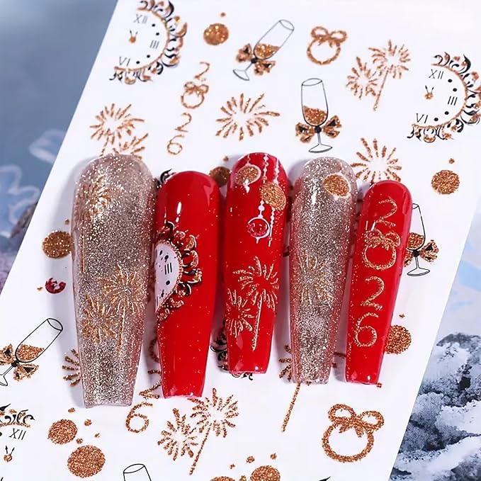 6Pcs Christmas Nail Art Stickers Decals 2026 New Year Fireworks Clock Nail Design Stickers Winter Xmas Nail Art Supplies 3D Self Adhesive Glitter Nail Decals Holiday Manicure Accessories for Women