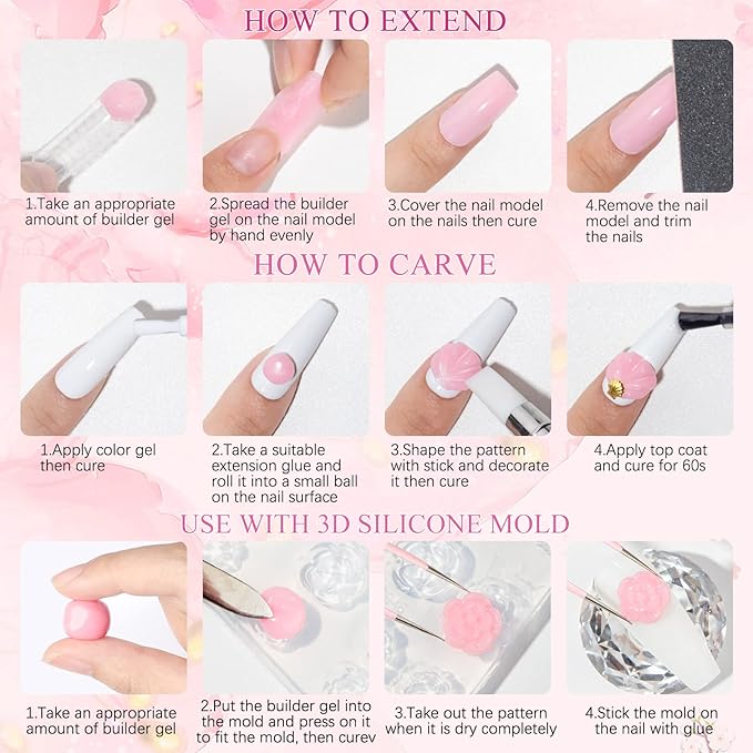 Solid Builder Gel for Nail Extension Clear Pink Non-Stick Hand Sculpture Hard Gel with Dual Form Flower Effect for Home DIY Manicure Set Lamp Cure Require 2 Colors 14g(0.49oz)