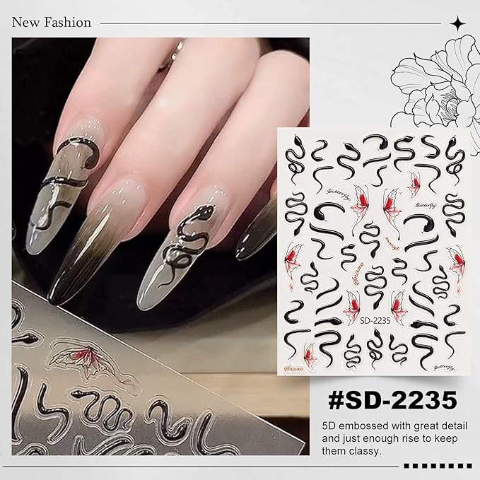 3 Sheets Snake Nail Art Stickers 3D Self-Adhesive Snake Sun Star Pattern Decals Starlight Nail Design Stickers Supplies for Women Girls Manicure Art Decoration 931-17