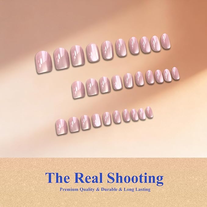 Cat Eye Press on Nails Short, Chrome Press on Nails Oval, Thick Glazed Light Baby Pink Fake Nails Press ons for Women, Reusable Magnet Bling Glitter Glue On Nails Almond in 15 Sizes, 30 Pcs