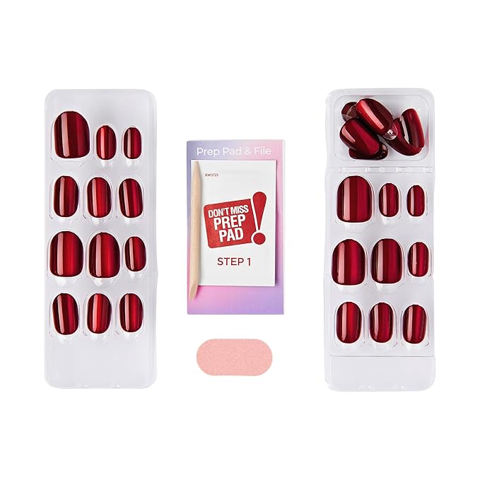 KISS imPRESS No Glue Mani Press On Nails, ColorFX, 'Hidden Gem', Red, Short Size, Oval Shape, Includes 30 Nails, Prep Pad, Instructions Sheet, 1 Manicure Stick, 1 Mini File