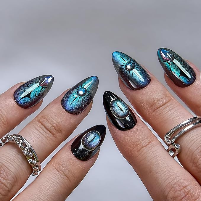 CurvLife Soft Gel Alomond Press On Nails, Long-Lasting Reusable Fake Nails Kit with Glue & Tabs, 30pcs Salon-Quality Stick On Nails for Women At-Home Manicure (Cosmic Spell)