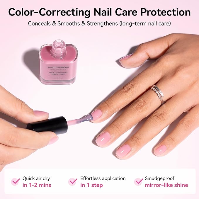 4-IN-1 Illuminating Nail Concealer Base Coat Ridge Filler Sheer Nail Polish & Strengthener for Discolored or Damged Yellowing Nails, Natural Nails Foundation Perfector, 15ml Quick Air Dry