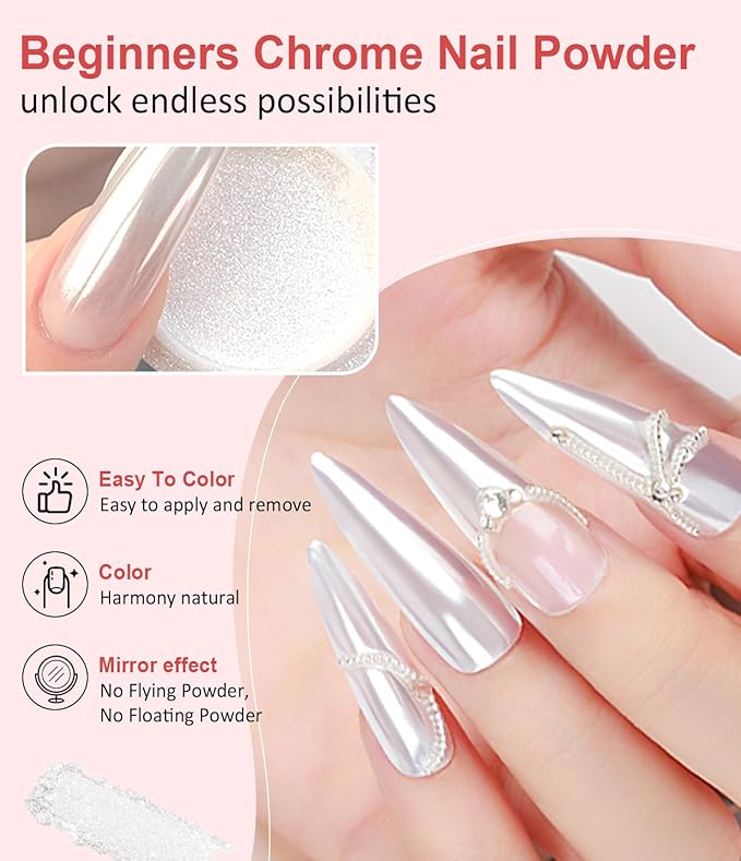 Chrome Nail Powder and 3D Nail Gel Kit BISHENGYF: 15g No Wipe 3D Sculpting Gel Aurora Mermaild Pink White Pearl Chrome Nail Powder with Clear 3D Carving Nail Molding Glue Set for Nail Art Decoration
