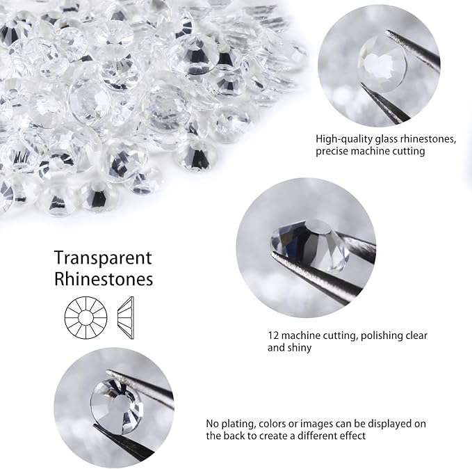 Genie Crystal 4,5,6.4 mm Mixed Size Clear Transparent Flatback Rhinestones 80 Grams, ss16,ss20,ss30 Unfoiled Glass Rhinestone for Tumbler, Shoes, Makeup,Dance Costumes, Dress