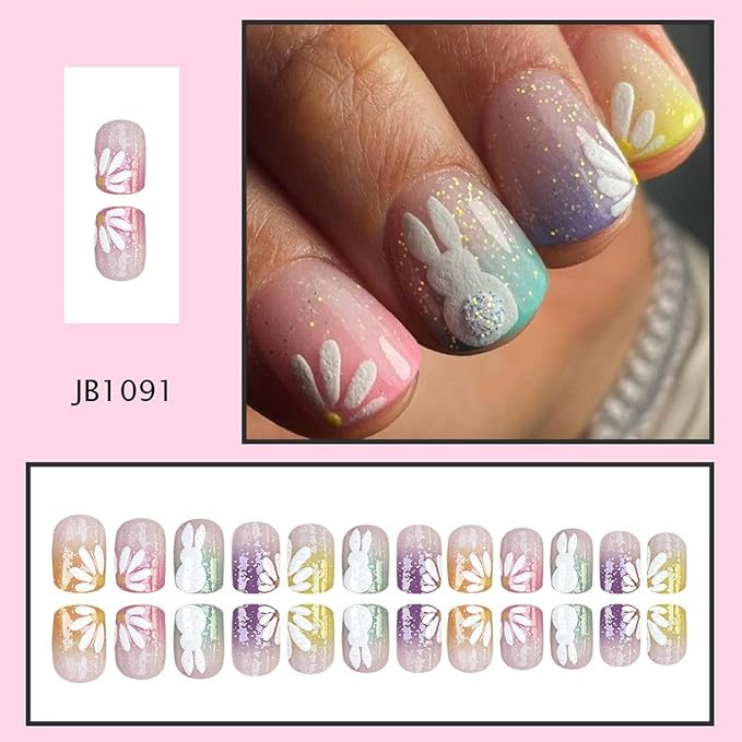 Easter Press on Nails Colorful Gradient French Tip Fake Nails White Bunny & Flower Designs Easter Short Square False Nail Full Cover Glitter Stick on Nails for Women DIY Manicuare 24 Pcs