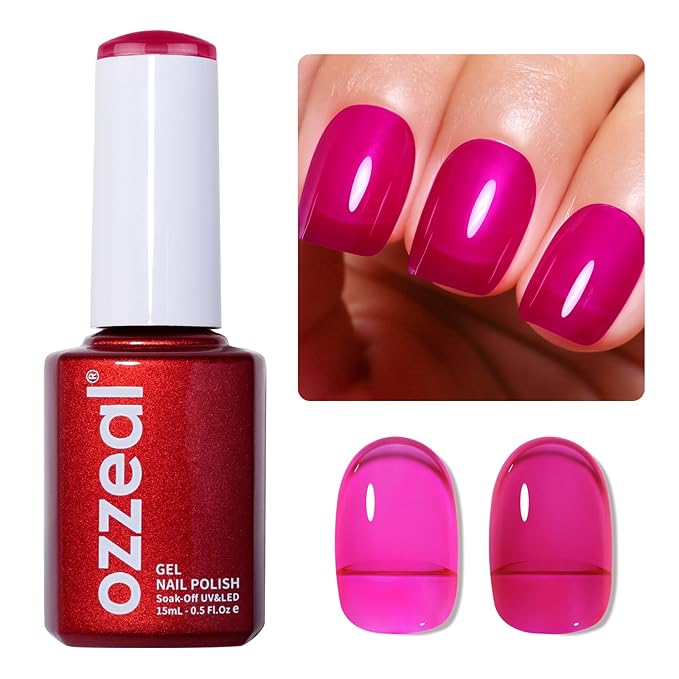 Jelly Gel Nail Polish, Neon Hot Pink Jelly Gel Polish Translucent Sheer Spring Summer Gel Polish Soak off UV LED Light for Nail Art DIY Manicure 0.5 Fl Oz