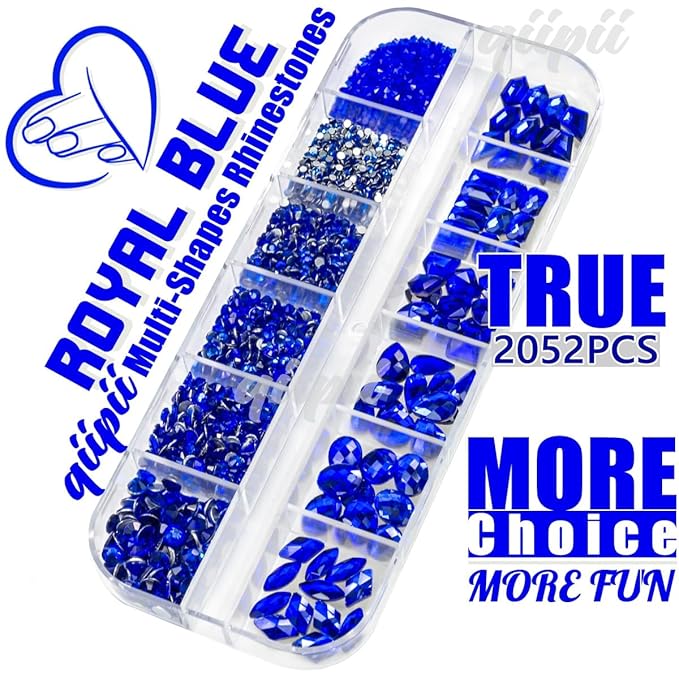 2052Pcs Blue Nail Rhinestones Multi Shapes Sapphire Rhinestones for Nails Flatback Nail Gems K9 Glass Royal Blue Round Beads Stones Diamonds Nail Charms Art for Nails Face Eyes Makeup Crafts