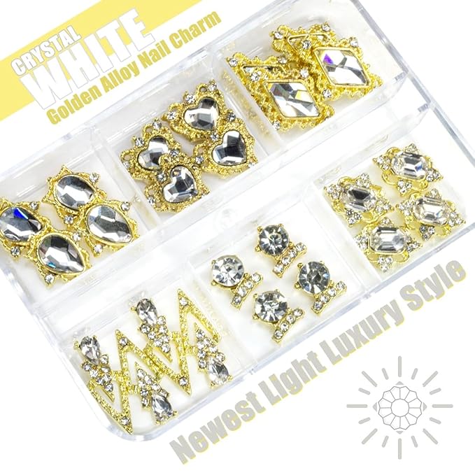24pcs Crystal Clear Nail Rhinestones Luxury Nail Charms Crystal White Heart Charms for Nails 3D Big Nail Gems Diamonds Jewelry Stones Alloy Nail Art Studs Nail Art Decor w Box for Arylic Nails Crafts