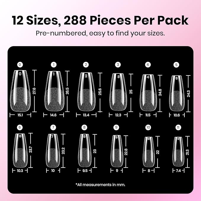 Beetles Gel Nail Kit Etch-X, Medium Coffin, 288pcs 12 Sizes Nail tips, 3Pcs 15ml HEMA-Free Nail Glue Top Coat & Base Gel Set, for Acrylic Press On Nail, Long Lasting Extension DIY Set at Home