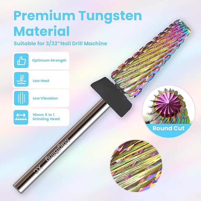 XC 5 in 1 Nail Drill Bits, 16mm Tapered 3/32'' Professional Tungsten Carbide Bits for Efile, 2 Rotation for Electric Drill, Remove Thick Gel Acrylic Fast, Technicians Bits, Extra Coarse