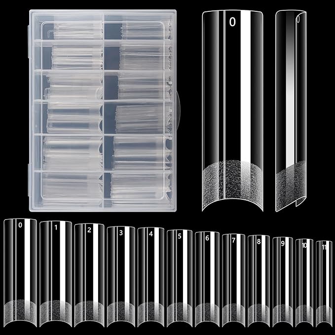 240PCS No C Curve Clear nail tips for Acrylic Nails Professional, XL Extra Long Square Flat, Half Cover Straight Tapered Square French Fake nail tips for Nail Salons Home DIY 12 Sizes
