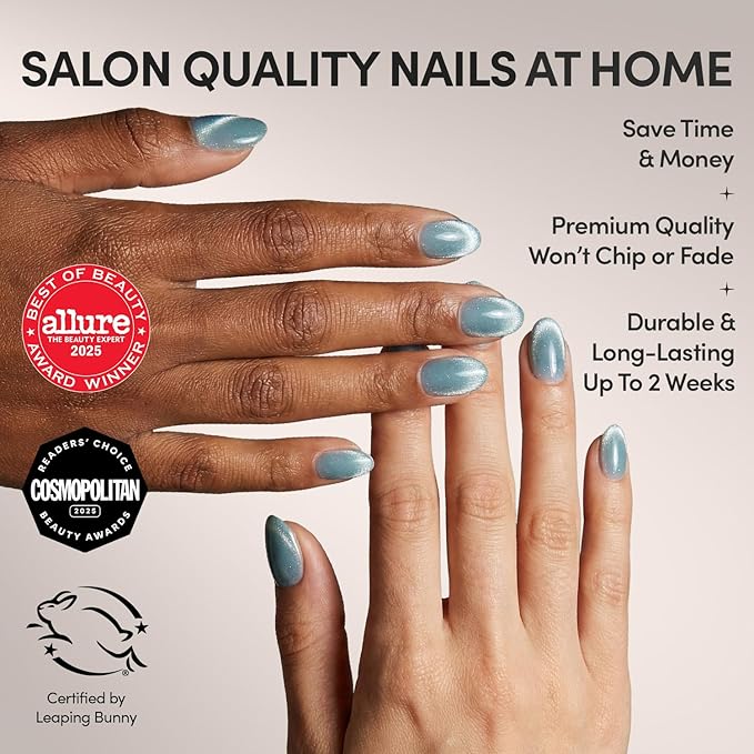 Glamnetic Press On Nails - Unicorn Tears Fake Nails | Short Oval, Misty-Grey Nails with a Mesmerizing Metallic Finish | 15 Sizes - 30 Nail Kit with Glue