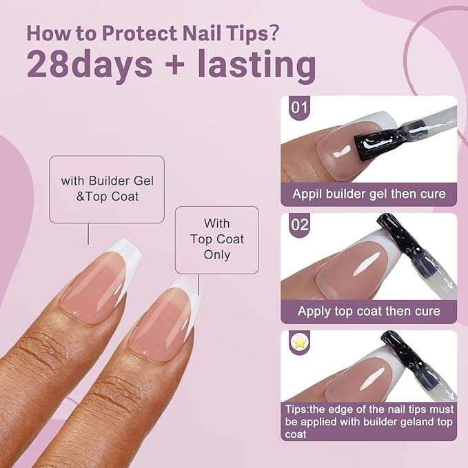 Gel French Tip Nails Short Coffin French Tip Press on Nails SXVME White French Nail Tips 300Pcs Pre-applied Tip Primer Natural Brown Fake Nails Extensions Gel Nail Kit for Women Girls DIY