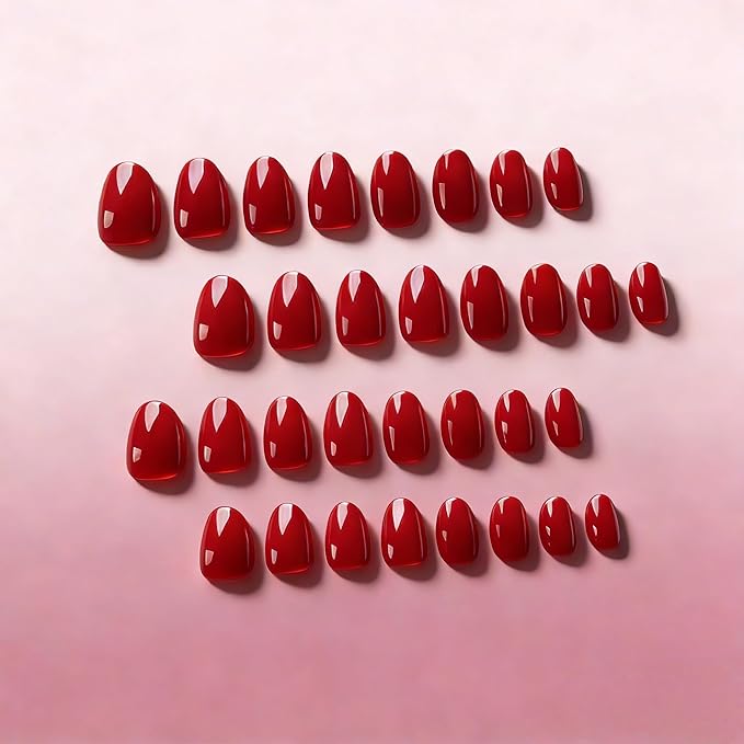 KQueenest Press On Nails Short - Warm Red Press On Nails Oval, 32 Pcs 16 Sizes Natural Short Fake Nails Press ons Almond, Reusable Opaque Glossy Gel Glue on Nail with Glue for Everyday Office Wear