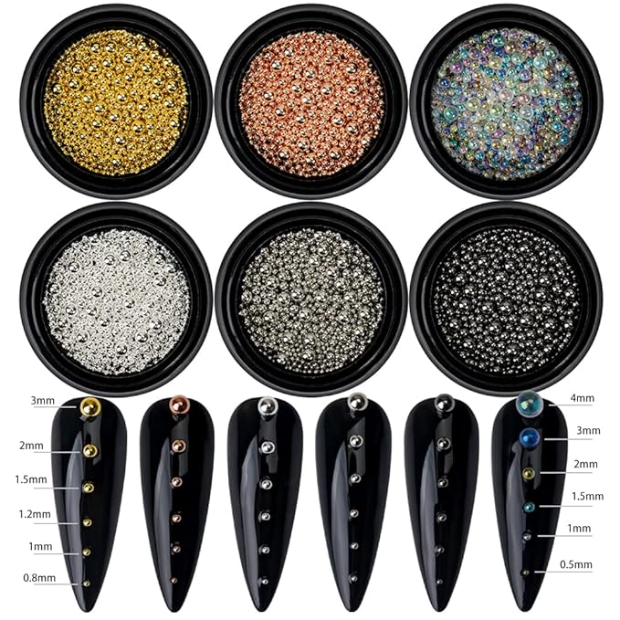 HNUIX Nail Beads - Mixed Size, 6 Colors, Round, Metal Steel Beads Nail Charms, Caviar Beads Nail Accessories for Acrylic Nails, Manicure DIY Crafts Decorations