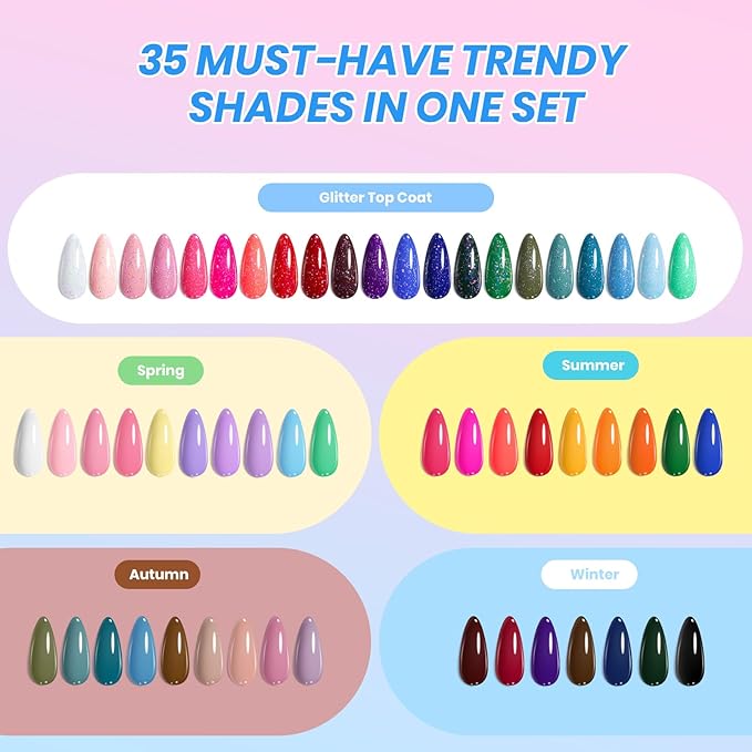 Beetles Deal Box Gel Nail Polish Kit with U V Light - 35 Colors Gel Polish 288 Pcs Almond Nail Tips 88 Pcs Nails Kit with TPO&HEMA Free Base Matte/Glossy/Glitter Top Coat DIY Gifts for Women