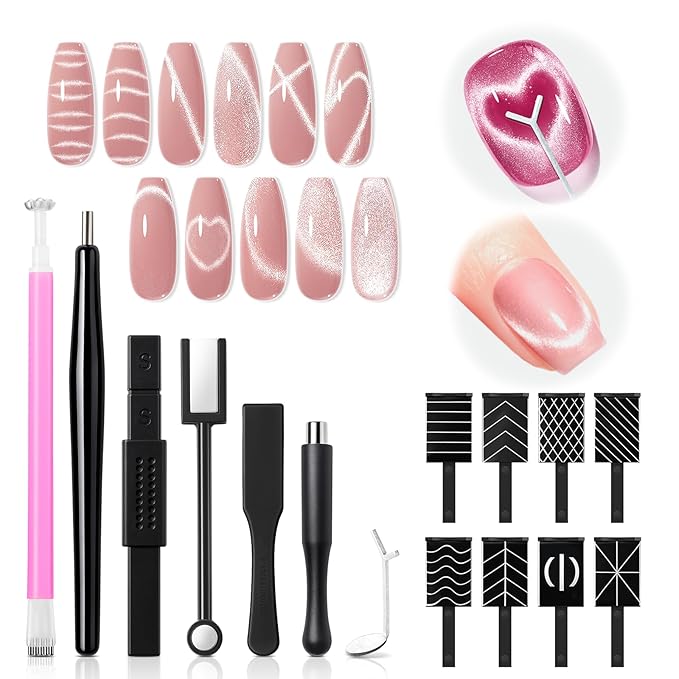 modelones Cat Eye Magnet Set, 15PCS French Cateye Gel Nail Polish Magnet Nail Art Tools Set Heart Magnet for Cat Eye Magnet Square Round Magnet Stick Diverse Glassy Cateye Effect for Women
